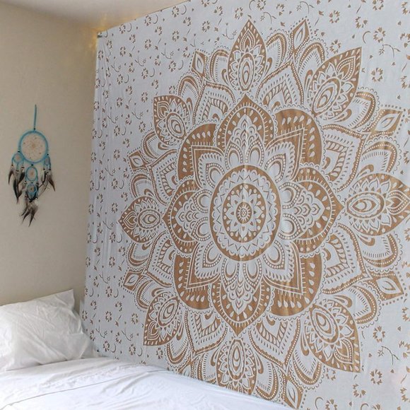 Gold Metallic Look Boho Wall Hanging Cotton Tapestry Bohemian Decor Mandala NEW - Picture 7 of 9
